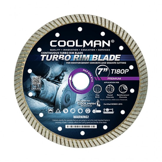 Coolman T180P Continuous Turbo Rim Premium Diamond Blade For Reinforcement Concrete & Granite Cutting 7''/180MM (D) Coolman T180P Continuous Turbo Rim Premium Diamond Blade For Reinforcement Concrete & Granite Cutting 7''/180MM (D)
