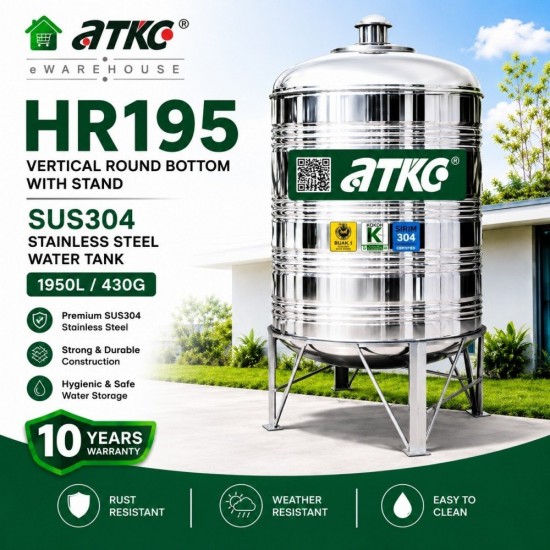 ATKC HR195 Vertical Round Bottom With Stand SUS304 Stainless Steel Water Tank 1950L/430G ATKC HR195 Vertical Round Bottom With Stand SUS304 Stainless Steel Water Tank 1950L/430G