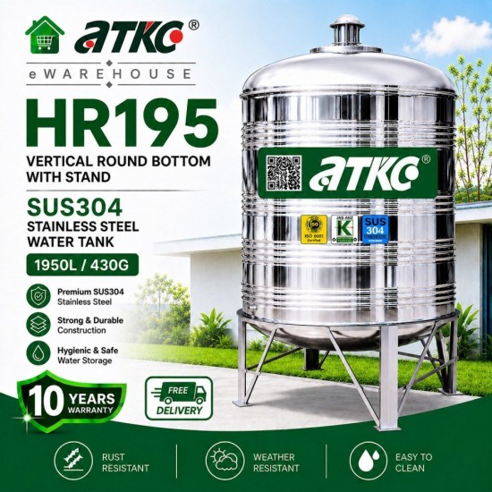 ATKC HR195 Vertical Round Bottom With Stand SUS304 Stainless Steel Water Tank 1950L/430G ATKC HR195 Vertical Round Bottom With Stand SUS304 Stainless Steel Water Tank 1950L/430G