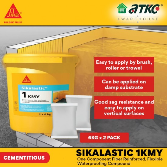 Sika Sikalastic 1KMY One Component Fiber Reinforced, Flexible Cementitious Waterproofing Compound 6KG x 2Pack (12KG)
