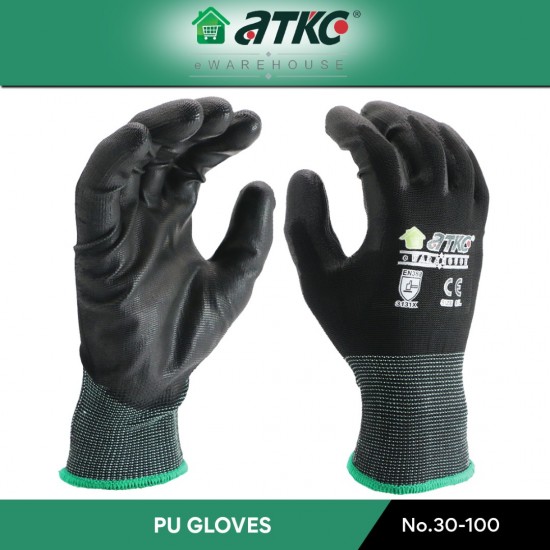 ATKC® MaxGlove 30-100 Black PU Palm Coated Hand Gloves - M / L / XL ATKC® MaxGlove 30-100 Black PU Palm Coated Hand Gloves - M / L / XL