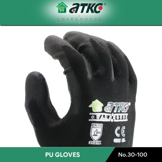 ATKC® MaxGlove 30-100 Black PU Palm Coated Hand Gloves - M / L / XL ATKC® MaxGlove 30-100 Black PU Palm Coated Hand Gloves - M / L / XL