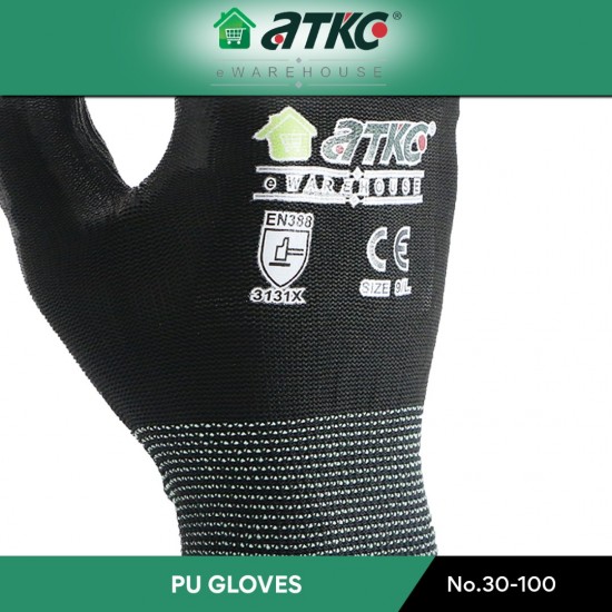 ATKC® MaxGlove 30-100 Black PU Palm Coated Hand Gloves - M / L / XL ATKC® MaxGlove 30-100 Black PU Palm Coated Hand Gloves - M / L / XL