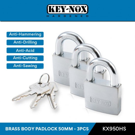 Keynox 950 Series Brass Body Padlock Hardened Steel Shackle 50MM (3PCS) Keynox 950 Series Brass Body Padlock Hardened Steel Shackle 50MM (3PCS)