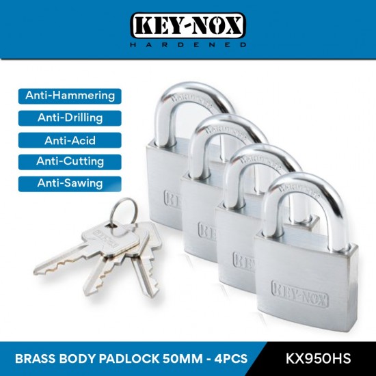 Keynox 950 Series Brass Body Padlock Hardened Steel Shackle 50MM (4PCS) Keynox 950 Series Brass Body Padlock Hardened Steel Shackle 50MM (4PCS)