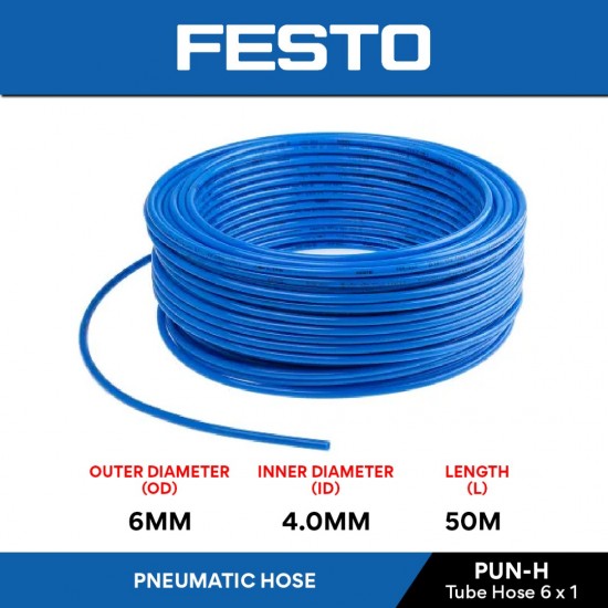Festo PUN-H Series PU Pneumatic Air Tube Hose Air Compressor Tube 6MM (OD) x 4.0MM (ID) x 1MM (T) x 50M (L) - Blue Festo PUN-H Series PU Pneumatic Air Tube Hose Air Compressor Tube 6MM (OD) x 4.0MM (ID) x 1MM (T) x 50M (L) - Blue