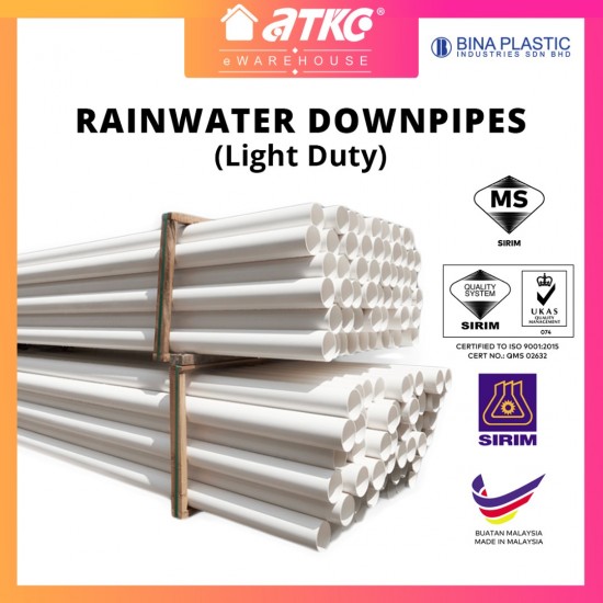 [SIRIM] Bina Plastic UPVC Rainwater Downpipe Light Duty 82MM/ 110MM/ 160MM (D) x 5.8M (L)