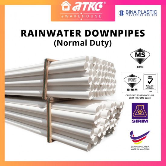 [SIRIM] Bina Plastic UPVC Rainwater Downpipe Normal Duty 82MM/ 110MM/ 160MM/ 200MM/ 250MM/ 315MM (D) x 5.8M (L)