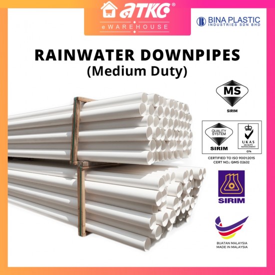 [SIRIM] Bina Plastic UPVC Rainwater Downpipe Medium Duty 82MM/ 110MM/ 160MM/ 200MM/ 250MM/ 315MM (D) x 5.8M (L)