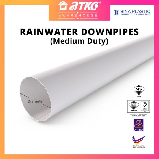 [SIRIM] Bina Plastic UPVC Rainwater Downpipe Medium Duty 82MM/ 110MM/ 160MM/ 200MM/ 250MM/ 315MM (D) x 5.8M (L)