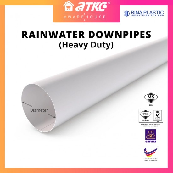[SIRIM] Bina Plastic UPVC Rainwater Downpipe Heavy Duty 82MM/ 110MM/ 160MM/ 200MM/ 250MM/ 315MM (D) x 5.8M (L)
