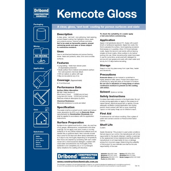 Dribond Kemcote Gloss Clear Gloss Wet Look Coating For Porous Surfaces & Slate 20L