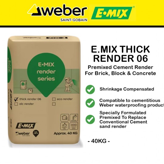 E.Mix Thick Render 06 Coarse Premixed Cement Render For Brick, Block & Fairface Concrete Walls, Patching & General Use In Dry Or Wet Interior & Exterior 40KG (GREY)
