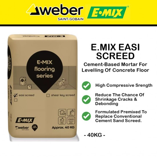 E.Mix Easi Screed Cement-Based Mortar For Levelling Of Concrete Floor & Repair Of Screeding Under Interior Or Exterior Conditions 40KG (GREY)