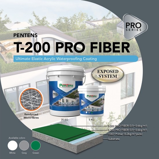 Pentens T-200 Pro Fiber Ultimate Elastic Acrylic Waterproofing Coating 20KG - White/Grey/Green Pentens T-200 Pro Fiber Ultimate Elastic Acrylic Waterproofing Coating 20KG - White/Grey/Green