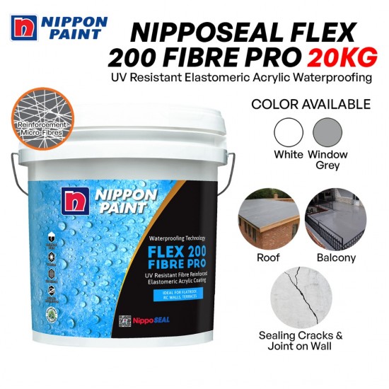 Nippon Paint NippoSeal Flex 200 Fibre Pro UV Resistant Fibre Reinfroced Elastomeric Acrylic Coating 20KG - White / Grey Nippon Paint NippoSeal Flex 200 Fibre Pro UV Resistant Fibre Reinfroced Elastomeric Acrylic Coating 20KG - White / Grey