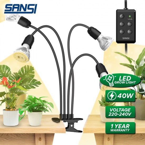 Sansi 10W Adjustable 4-Head Clip-On Light Holder + 4x 10W LED Grow Light