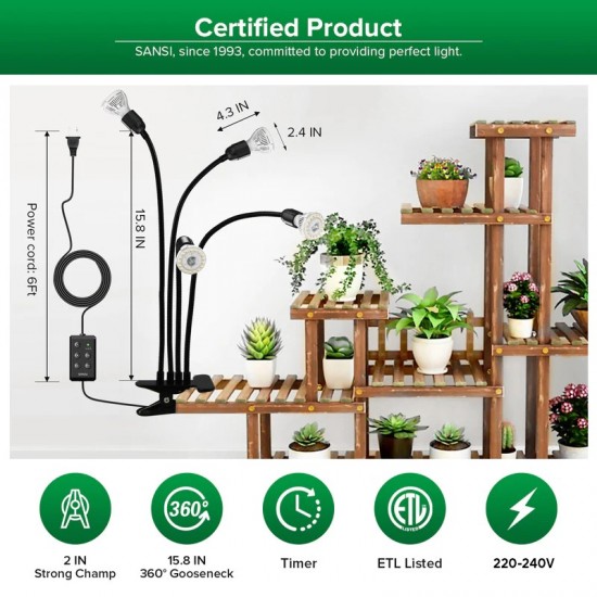 Sansi 10W Adjustable 4-Head Clip-On Light Holder + 4x 10W LED Grow Light