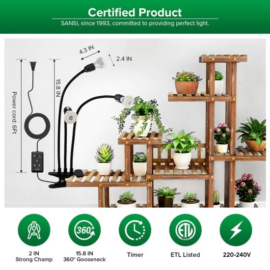 Sansi 10W Adjustable 3-Head Clip-On Light Holder + 3x 10W LED Grow Light