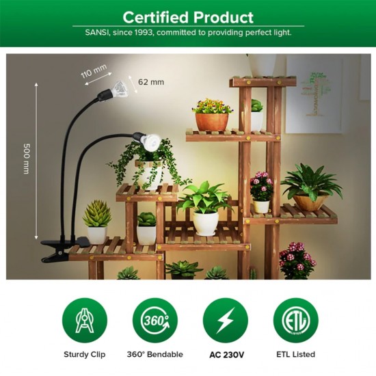 Sansi 10W Adjustable 2-Head Clip-On Light Holder + 2x 10W LED Grow Light
