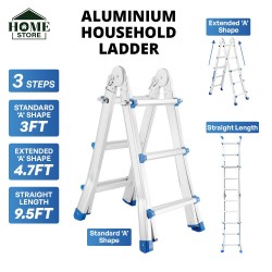 Home Store Aluminium Multipurpose Household Ladder 3 Step 3FT Extended 'A' Shape to 4.7FT, Straight Length 9.5FT