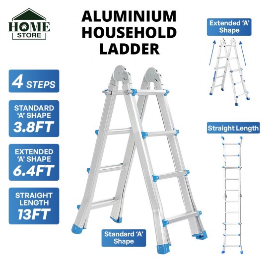 Home Store Aluminium Multipurpose Household Ladder 4 Step 3.8FT Extended 'A' Shape to 6.4FT, Straight Length 13FT