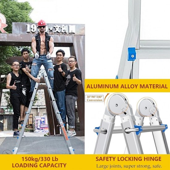 Home Store Aluminium Multipurpose Household Ladder 4 Step 3.8FT Extended 'A' Shape to 6.4FT, Straight Length 13FT