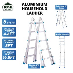 Home Store Aluminium Multipurpose Household Ladder 5 Step 4.6FT Extended 'A' Shape to 8FT, Straight Length 16.8FT