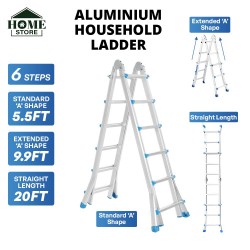 Home Store Aluminium Multipurpose Household Ladder 6 Step 5.5FT Extended 'A' Shape to 9.9FT, Straight Length 20FT
