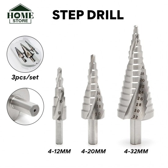 Home Store 3PCS HSS Step Drill Bit Set Hole Saw (4-12MM, 4-20MM, 4-32MM) Home Store 3PCS HSS Step Drill Bit Set Hole Saw (4-12MM, 4-20MM, 4-32MM)
