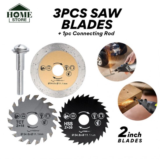 Home Store Mini Saw Blades Rotary Tool HSS Wood Cutting & Marble Cutter 54.8MM (D) x 11.1MM (BD) + Connecting Rod (3PCS/SET) Home Store Mini Saw Blades Rotary Tool HSS Wood Cutting & Marble Cutter 54.8MM (D) x 11.1MM (BD) + Connecting Rod (3PCS/SET)