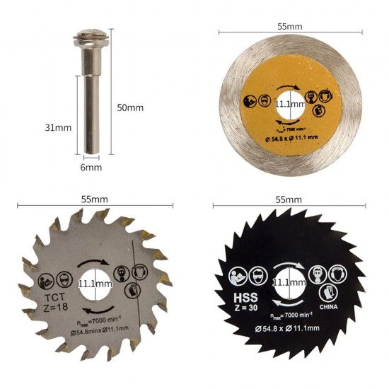 Home Store Mini Saw Blades Rotary Tool HSS Wood Cutting & Marble Cutter 54.8MM (D) x 11.1MM (BD) + Connecting Rod (3PCS/SET) Home Store Mini Saw Blades Rotary Tool HSS Wood Cutting & Marble Cutter 54.8MM (D) x 11.1MM (BD) + Connecting Rod (3PCS/SET)