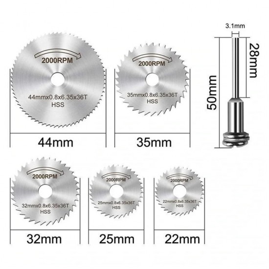 Home Store Mini Saw Blades Rotary Tool HSS Circular Saw Cutting Disc 22MM/ 25MM/ 32MM/ 35MM/ 44MM (D) x 6.35MM (BD) x 0.8MM (T) - 6PCS/SET Home Store Mini Saw Blades Rotary Tool HSS Circular Saw Cutting Disc 22MM/ 25MM/ 32MM/ 35MM/ 44MM (D) x 6.35MM (BD) x 0.8MM (T) - 6PCS/SET
