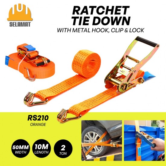 Selamat RS210 Polyester Ratchet Tie Down Strap Heavy Duty Cargo Belt With Metal Hook, Clip & Lock 50MM (W) x 10M (L) - 2TON