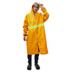 CN 'JIAOXIALA' Heavy Duty Long Knee Yellow Raincoat With Hood & Reflective Safety Stripes 3XL Size CN 'JIAOXIALA' Heavy Duty Long Knee Yellow Raincoat With Hood & Reflective Safety Stripes 3XL Size