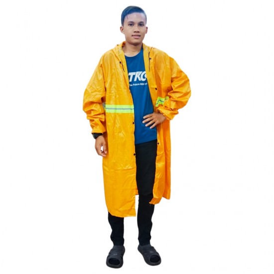 CN 'JIAOXIALA' Heavy Duty Long Knee Yellow Raincoat With Hood & Reflective Safety Stripes 3XL Size CN 'JIAOXIALA' Heavy Duty Long Knee Yellow Raincoat With Hood & Reflective Safety Stripes 3XL Size