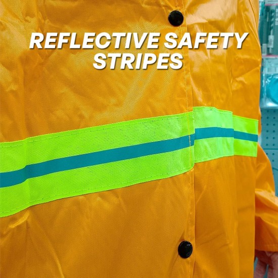 CN 'JIAOXIALA' Heavy Duty Long Knee Yellow Raincoat With Hood & Reflective Safety Stripes 3XL Size CN 'JIAOXIALA' Heavy Duty Long Knee Yellow Raincoat With Hood & Reflective Safety Stripes 3XL Size