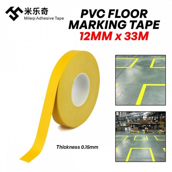 Mileqi PVC Floor Marking Tape Single Sided 12MM/24MM x 0.15MM (T) x 33M (L) - Yellow Mileqi PVC Floor Marking Tape Single Sided 12MM/24MM x 0.15MM (T) x 33M (L) - Yellow