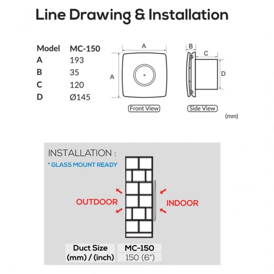 AireGard MC-150 Metal Compact Series Wall/Glass Mounted Room Ventilator 6" (150MM)