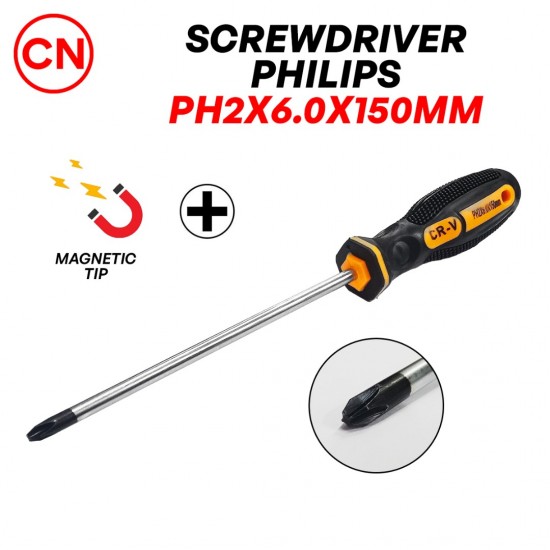 CN 'CHDL' Rubber Grip CR-V Magnetic Tip Screwdriver Philips (+) PH2 6MM x 150MM CN 'CHDL' Rubber Grip CR-V Magnetic Tip Screwdriver Philips (+) PH2 6MM x 150MM