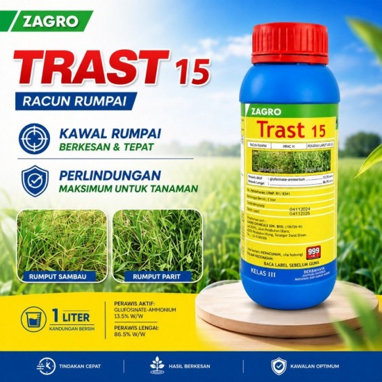 1L Trast 15 Racun Rumput Racun Rumpai Racun Lalang Glufosinate Ammonium 13.5% (Kelas III) 1L Trast 15 Racun Rumput Racun Rumpai Racun Lalang Glufosinate Ammonium 13.5% (Kelas III)