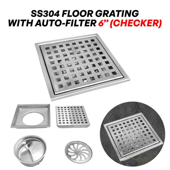 Protech HD Stainless Steel 304 Floor Grating Bathroom 6'' x 6'' With Auto-Filter (Checker 6-AF) Protech HD Stainless Steel 304 Floor Grating Bathroom 6'' x 6'' With Auto-Filter (Checker 6-AF)