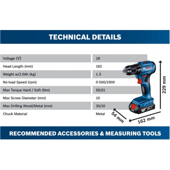 Bosch GSR 185-LI Cordless Brushless Drill/Driver 18V 2.0Ah (06019K30L2)