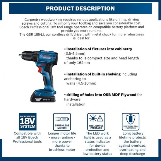 Bosch GSR 185-LI Cordless Brushless Drill/Driver 18V 2.0Ah (06019K30L2) Bosch GSR 185-LI Cordless Brushless Drill/Driver 18V 2.0Ah (06019K30L2)