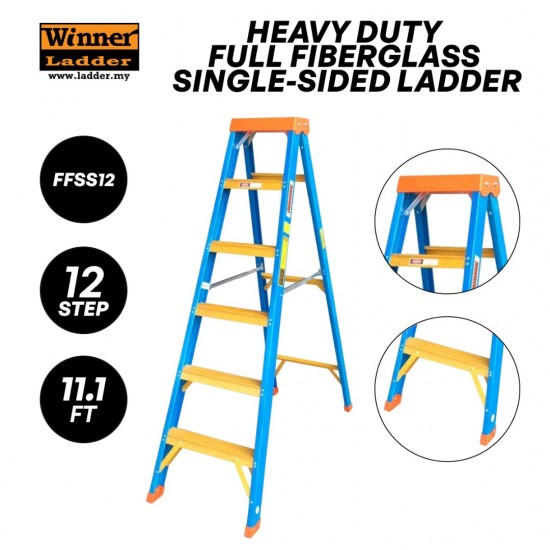 Winner FFSS12 Heavy Duty Full Fiberglass Single-Sided Ladder 12 Step 3.38M/11.1FT Winner FFSS12 Heavy Duty Full Fiberglass Single-Sided Ladder 12 Step 3.38M/11.1FT