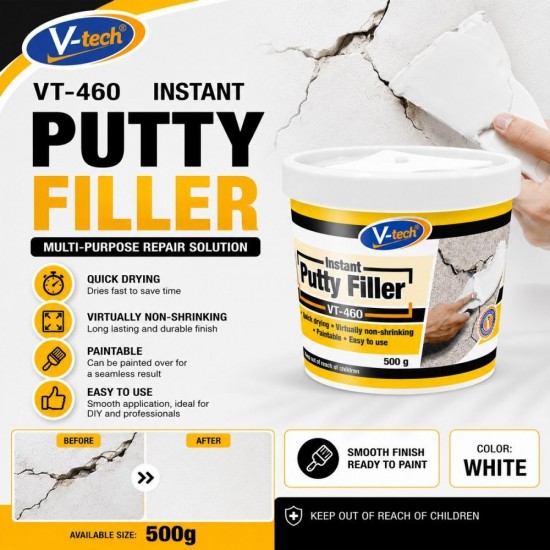 V-Tech VT-460 Instant Putty Filler 500G/1.5KG - White V-Tech VT-460 Instant Putty Filler 500G/1.5KG - White