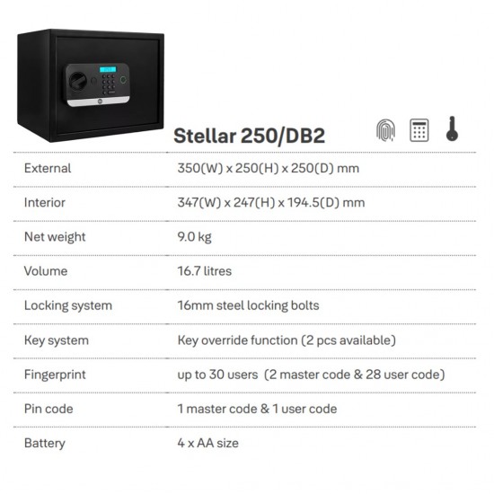 Yale Stellar 250/DB2 Biometric Safe Locker Fingerprint, PIN access, Manual Key, USB Port For Emergency 16.7Litres Yale Stellar 250/DB2 Biometric Safe Locker Fingerprint, PIN access, Manual Key, USB Port For Emergency 16.7Litres