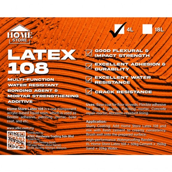 Home Store Latex 108 Multi-Function Water Resistant Bonding Agent & Mortar Strengthening Additive 4L Home Store Latex 108 Multi-Function Water Resistant Bonding Agent & Mortar Strengthening Additive 4L