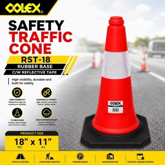 Colex RST-18 / RST-30 Rubber Base Safety Traffic Cone C/W Reflective Tape Colex RST-18 / RST-30 Rubber Base Safety Traffic Cone C/W Reflective Tape