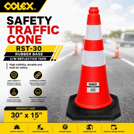 Colex RST-18 / RST-30 Rubber Base Safety Traffic Cone C/W Reflective Tape Colex RST-18 / RST-30 Rubber Base Safety Traffic Cone C/W Reflective Tape